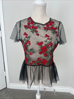 Twinkle Embroidered Floral Detailed Mesh Top.